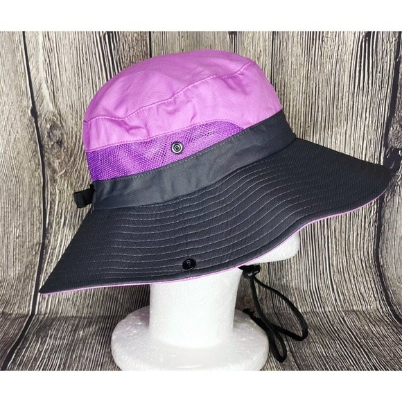 Sun Shade Wide Brim Women's OS Purple Gray Adjustable Ponytail Hole Bucket Hat - Picture 3 of 7
